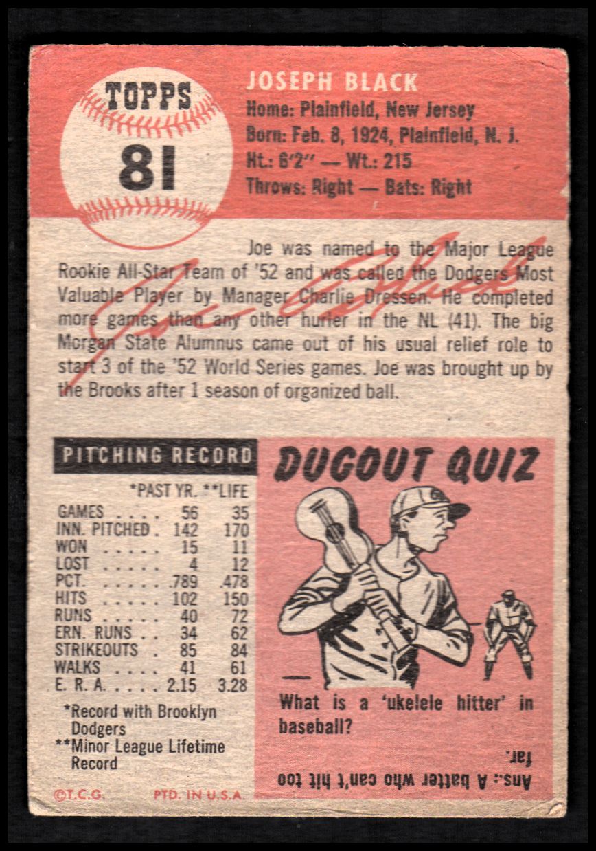 1955 Topps #156 Joe Black Brooklyn Dodgers Baseball Card Vg/Ex