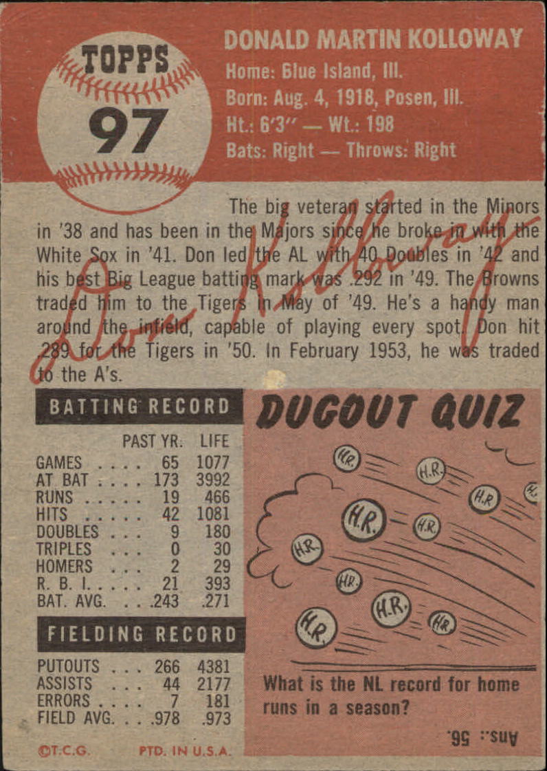 1953 Topps #97 Don Kolloway DP back image