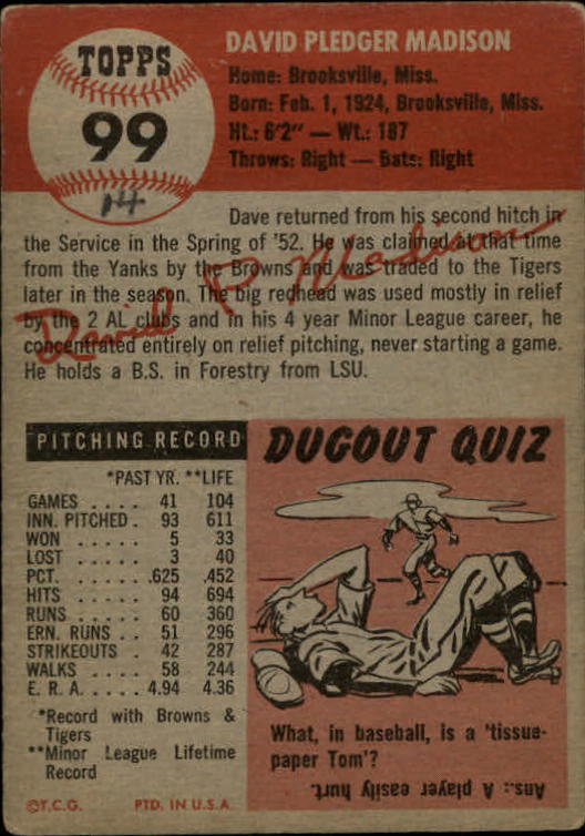 1953 Topps #99 Dave Madison back image