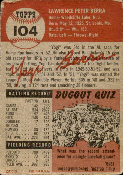 1953 Topps #104 Yogi Berra back image