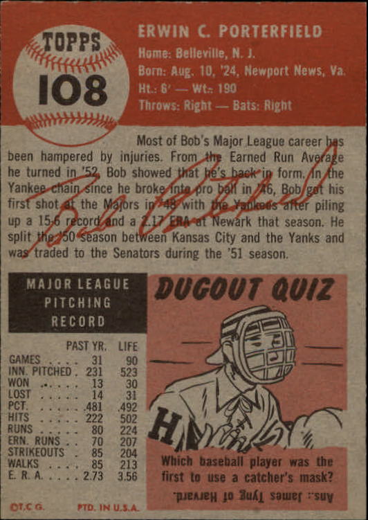 1953 Topps #108 Bob Porterfield DP back image