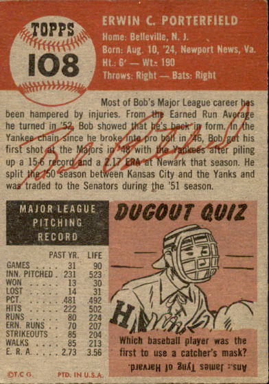 1953 Topps #108 Bob Porterfield DP back image