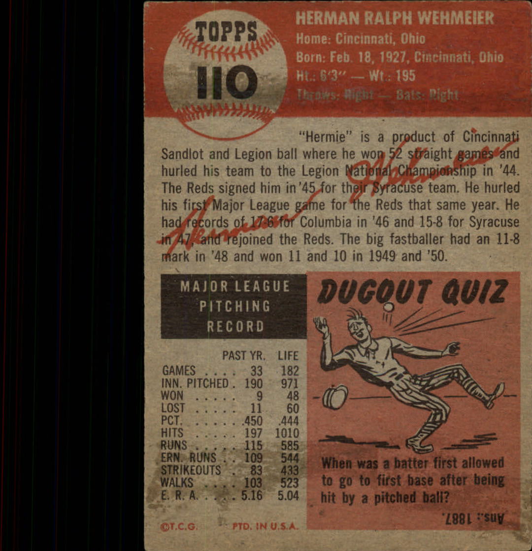 1953 Topps #110 Herman Wehmeier DP back image