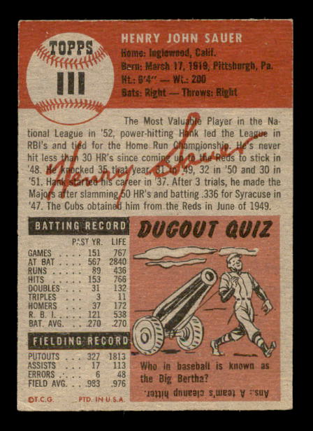 1953 Topps #111 Hank Sauer DP back image