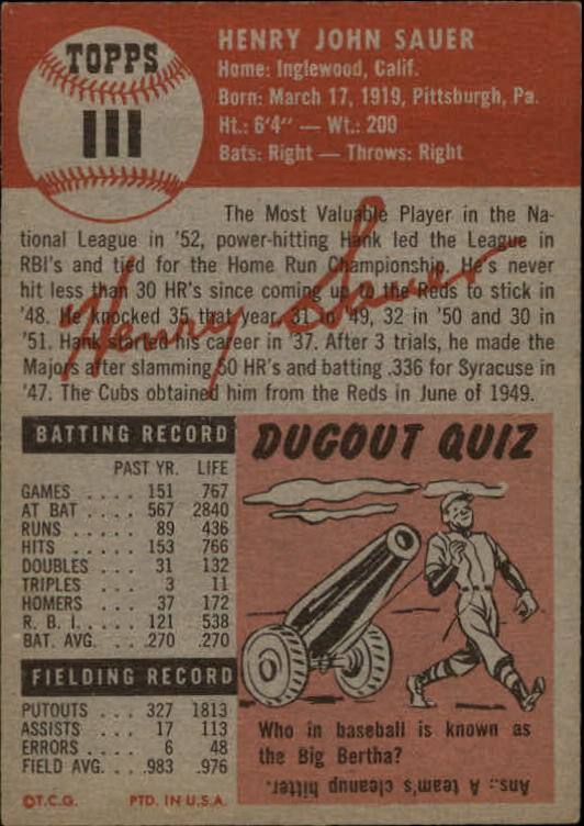 1953 Topps #111 Hank Sauer DP back image