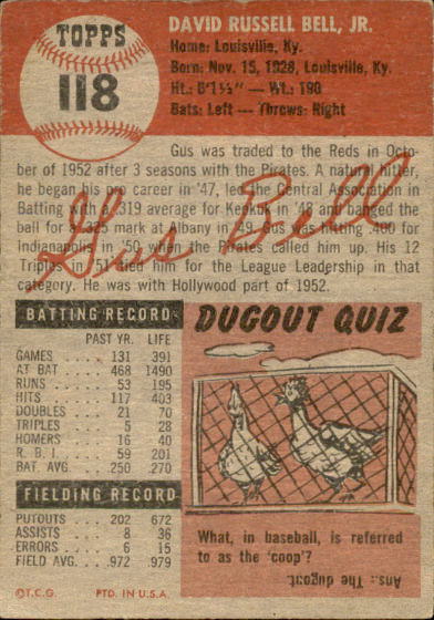 1953 Topps #118 Gus Bell DP back image