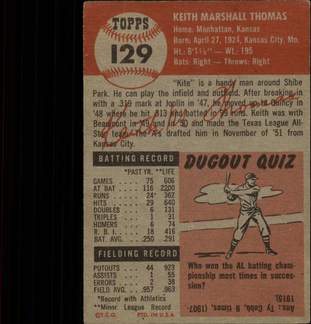 1953 Topps #129 Keith Thomas RC back image