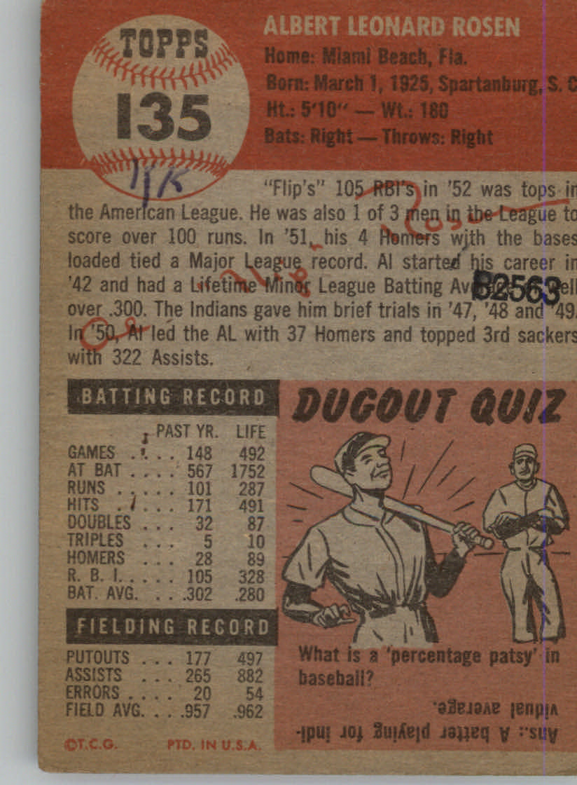 1953 Topps #135 Al Rosen DP back image