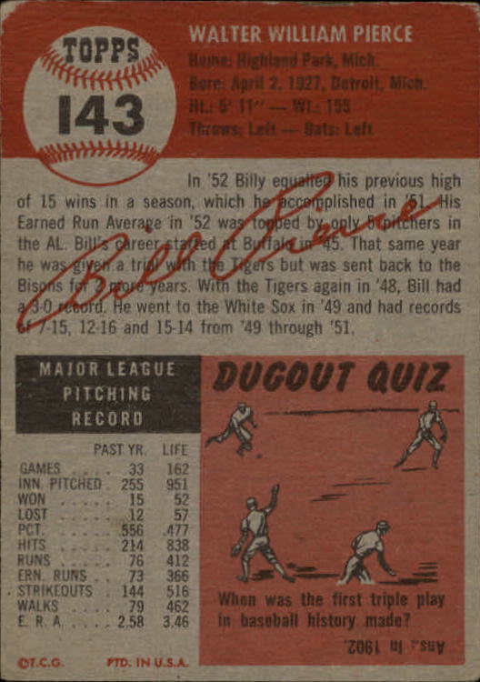 1953 Topps #143 Billy Pierce back image