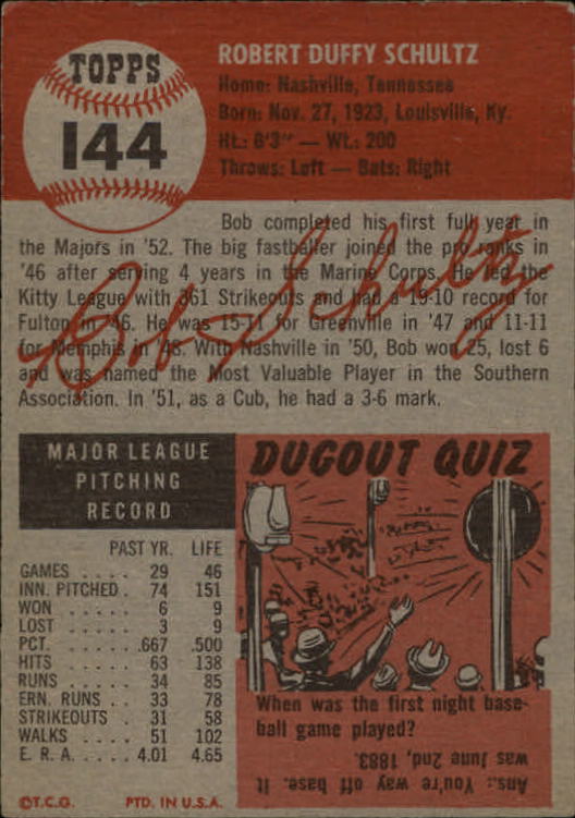 1953 Topps #144 Bob Schultz DP back image