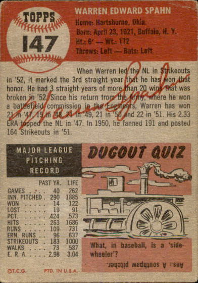 1953 Topps #147 Warren Spahn back image