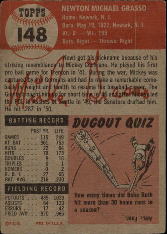 1953 Topps #148 Mickey Grasso back image