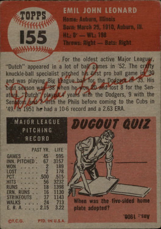 1953 Topps #155 Dutch Leonard back image