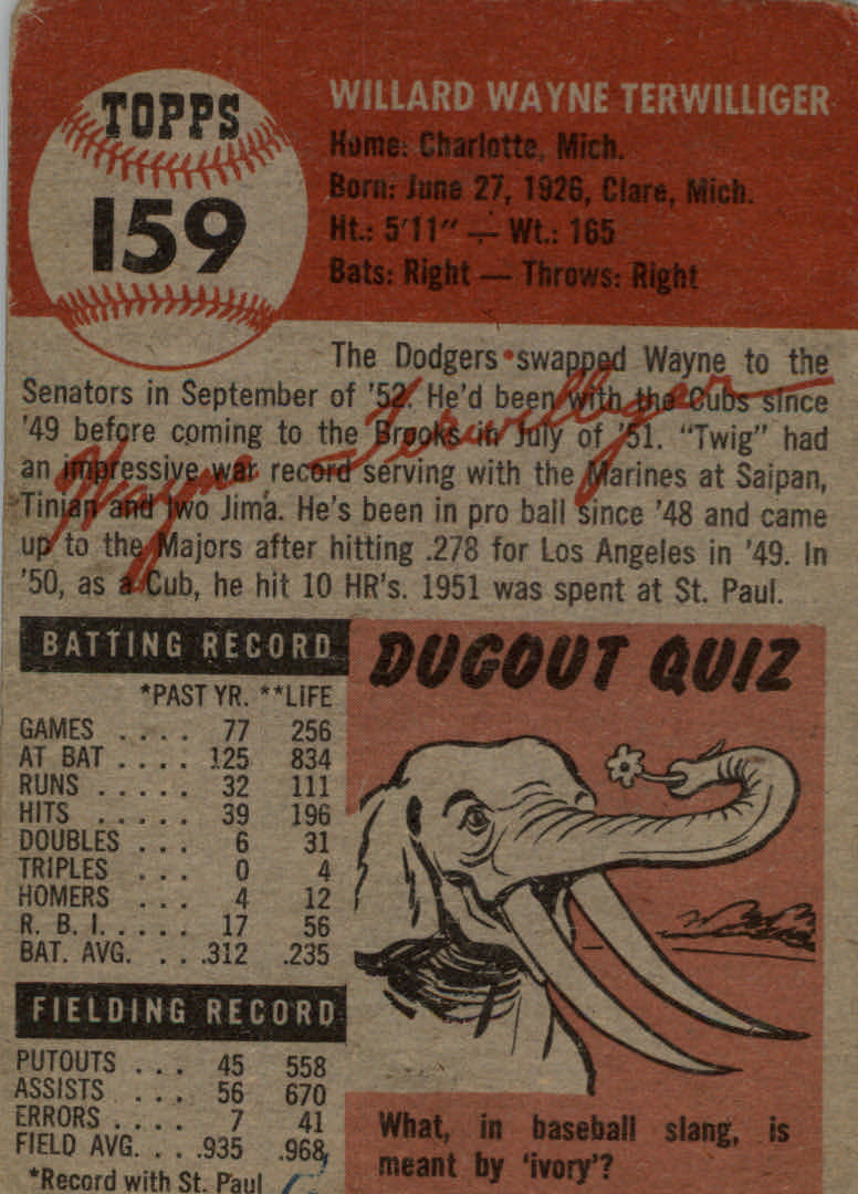 1953 Topps #159 Wayne Terwilliger DP back image