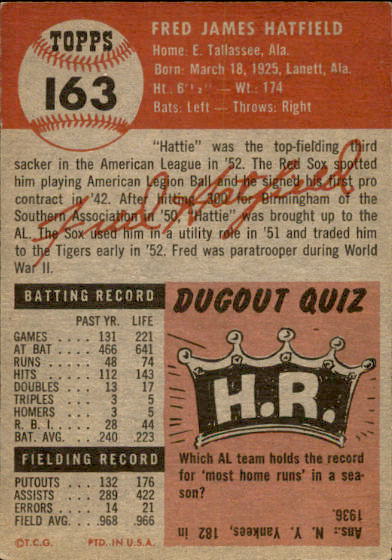 1953 Topps #163 Fred Hatfield DP back image