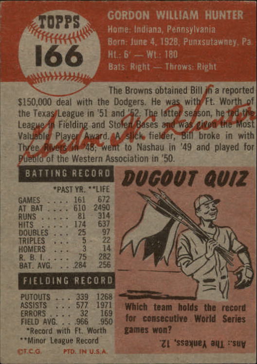 1953 Topps #166 Billy Hunter RC back image