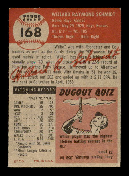 1953 Topps #168 Willard Schmidt RC back image