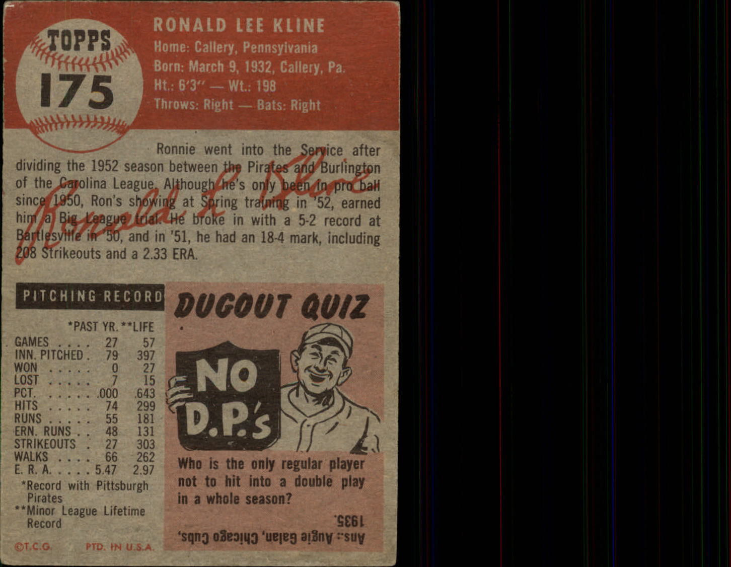 1953 Topps #175 Ron Kline RC back image