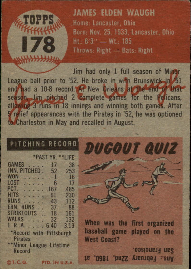 1953 Topps #178 Jim Waugh RC back image