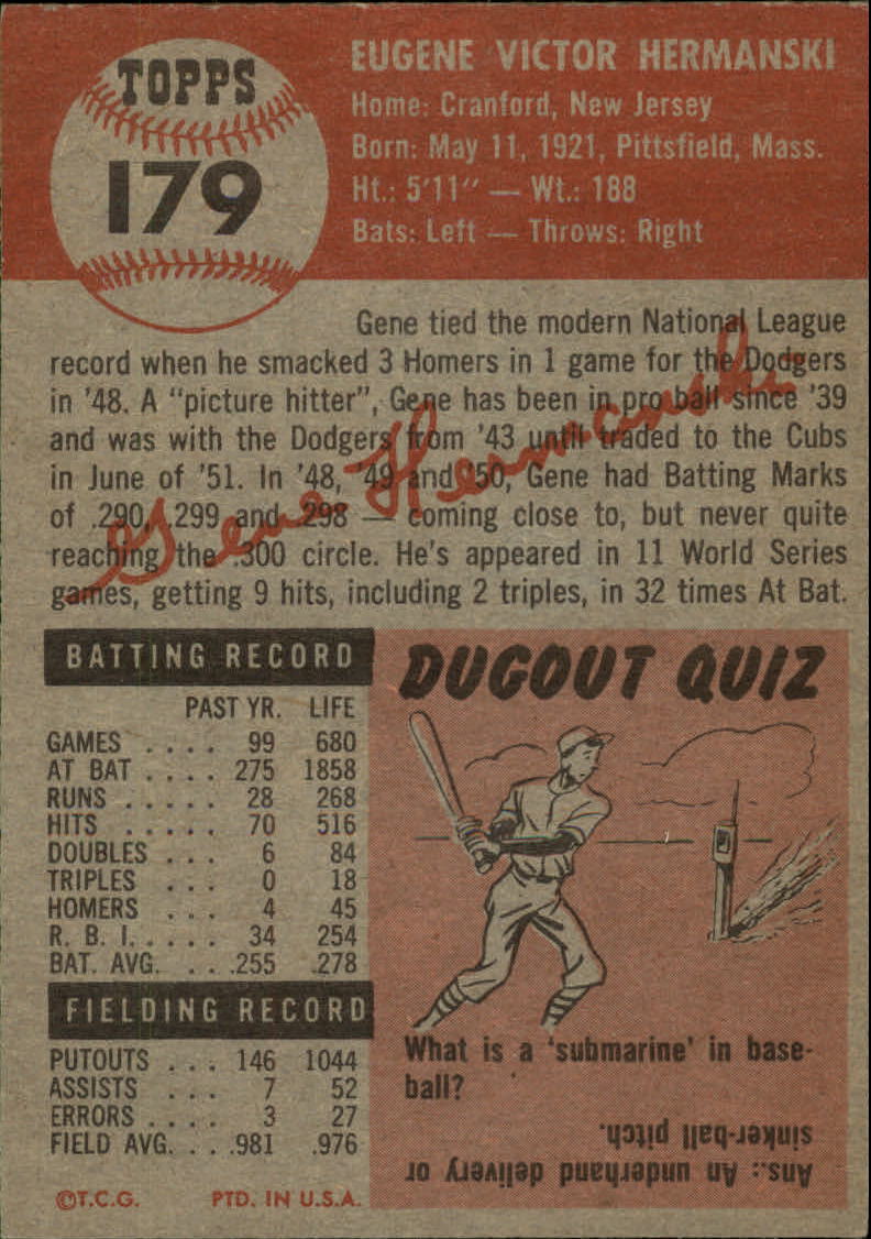 1953 Topps #179 Gene Hermanski back image
