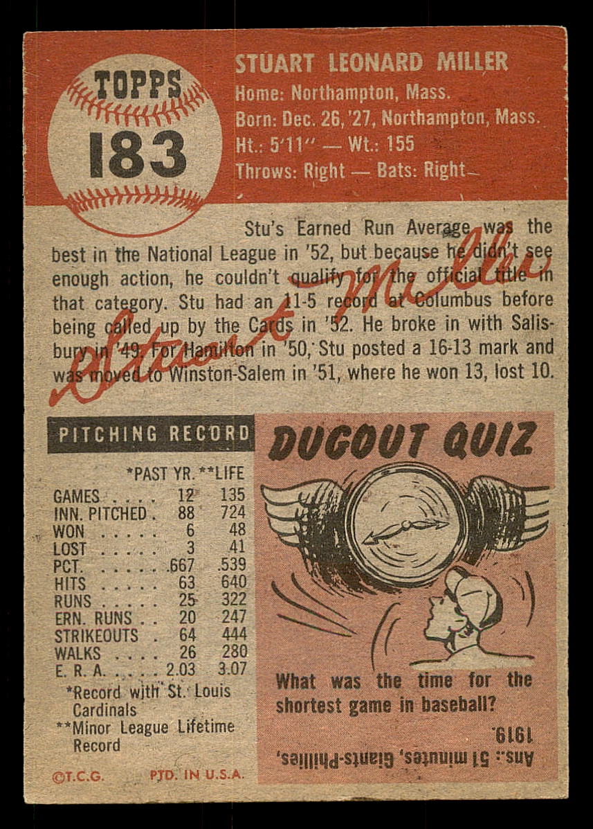 1953 Topps #183 Stu Miller RC back image