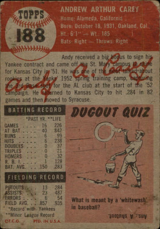 1953 Topps #188 Andy Carey RC back image