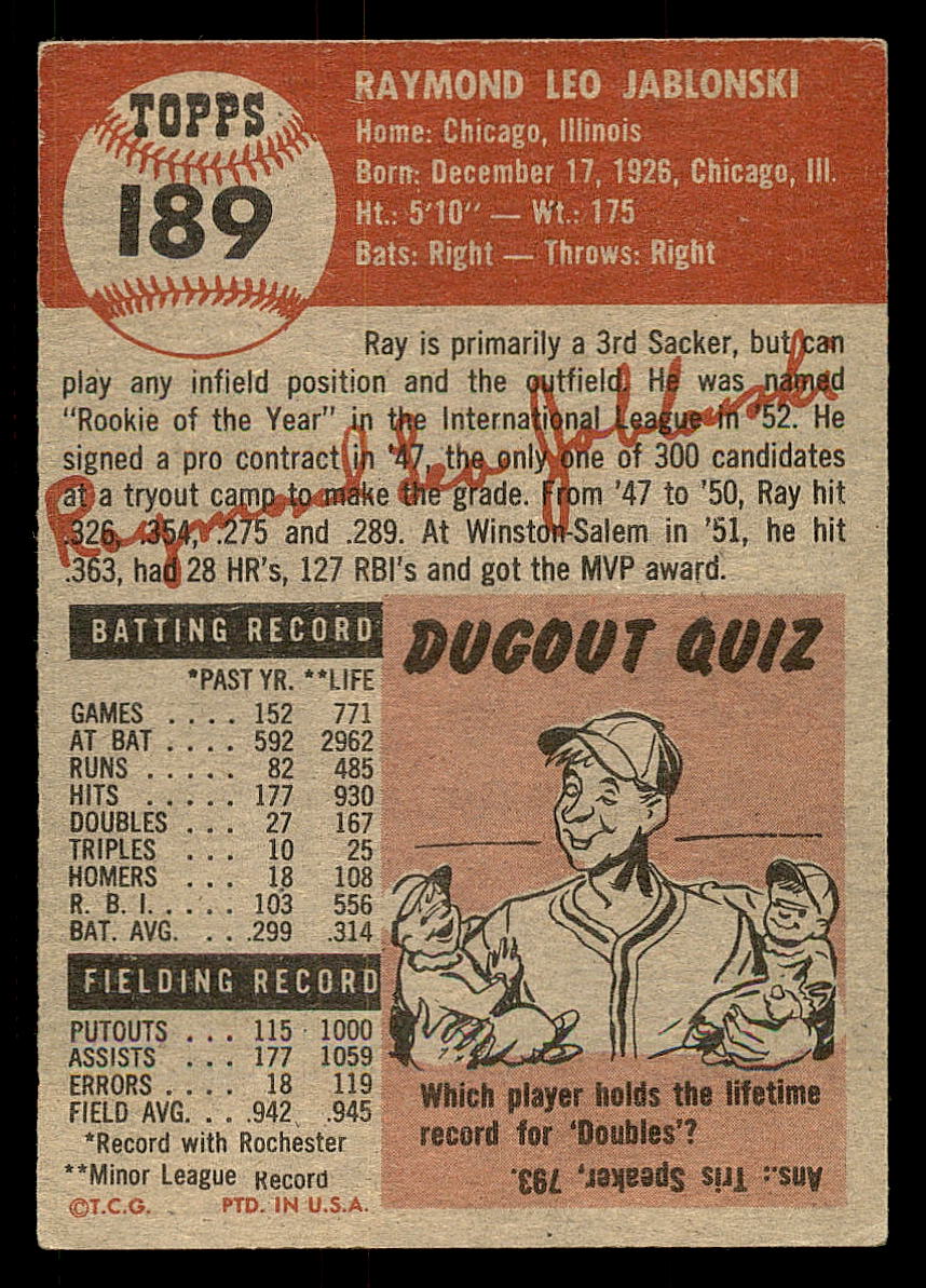 1953 Topps #189 Ray Jablonski RC back image