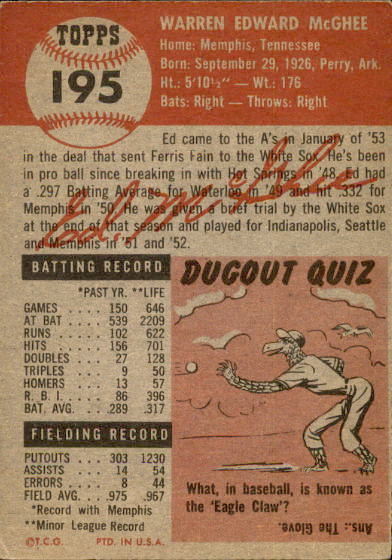 1953 Topps #195 Ed McGhee RC back image