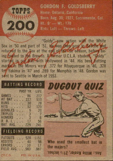 1953 Topps #200 Gordon Goldsberry back image