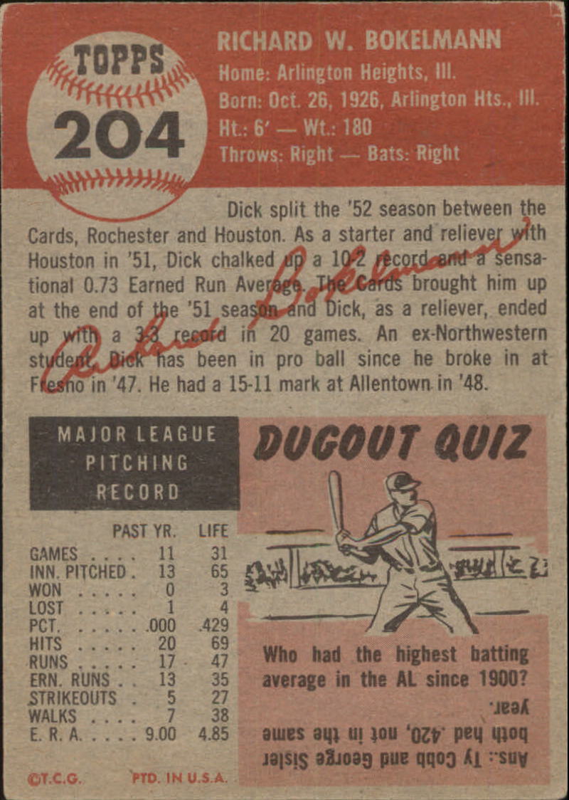 1953 Topps #204 Dick Bokelman RC back image