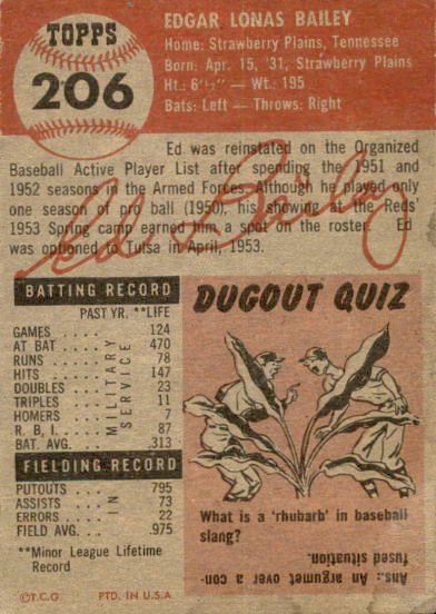 1953 Topps #206 Ed Bailey RC back image