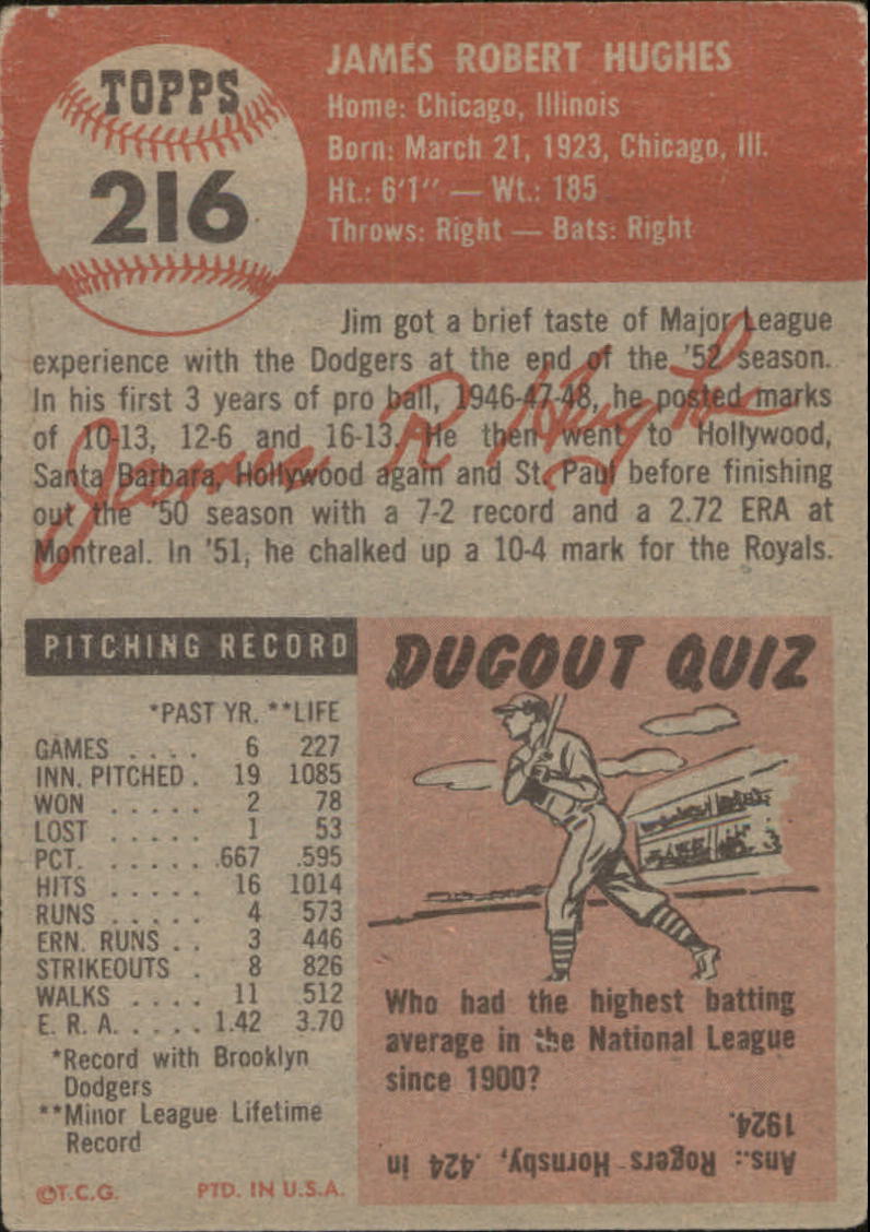 1953 Topps #216 Jim Hughes RC back image