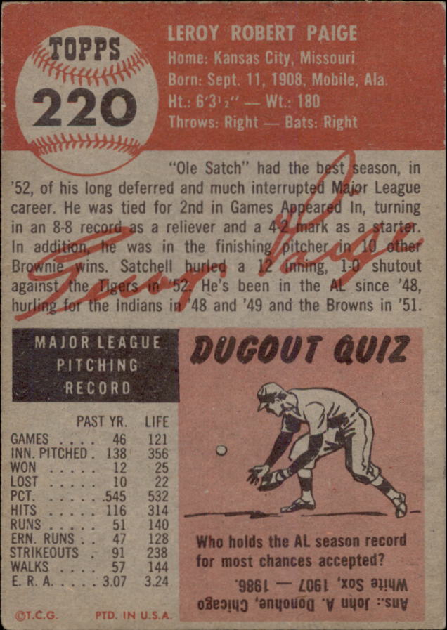 1953 Topps #220 Satchel Paige UER/Misspelled Satchell/on card front back image