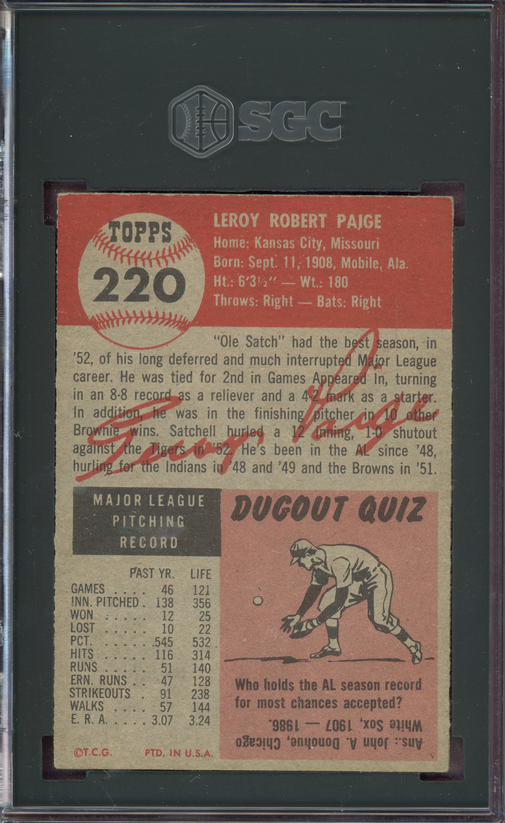 1953 Topps #220 Satchel Paige UER/Misspelled Satchell/on card 