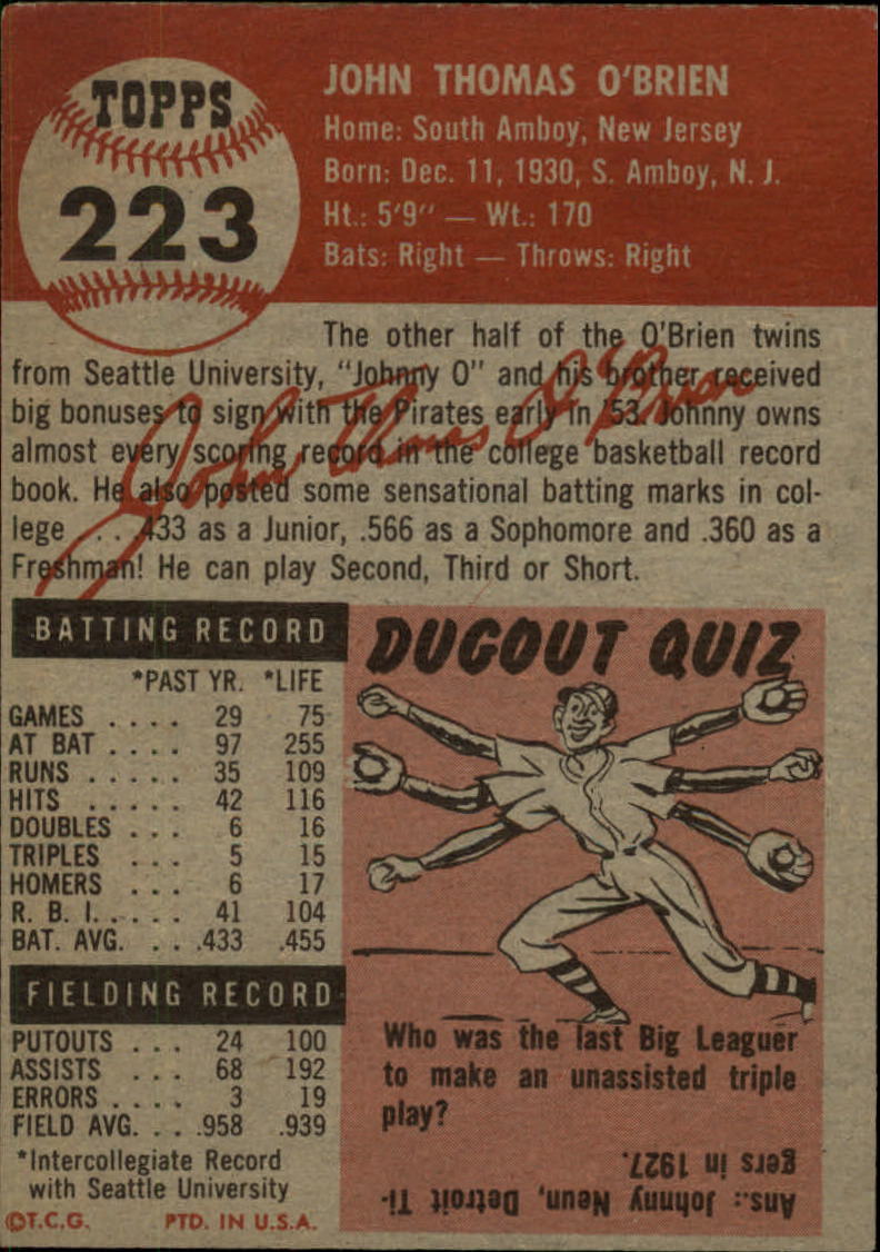 1953 Topps #223 Johnny O'Brien DP RC back image