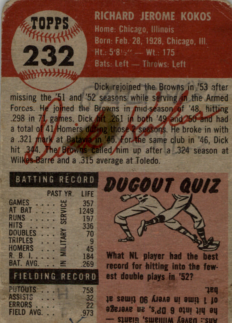 1953 Topps #232 Dick Kokos back image