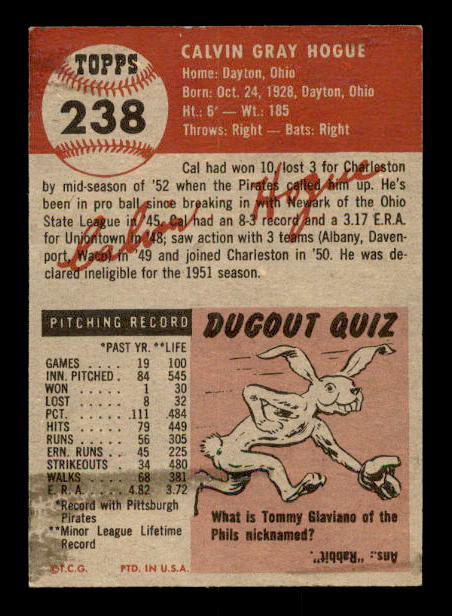 1953 Topps #238 Cal Hogue DP RC back image