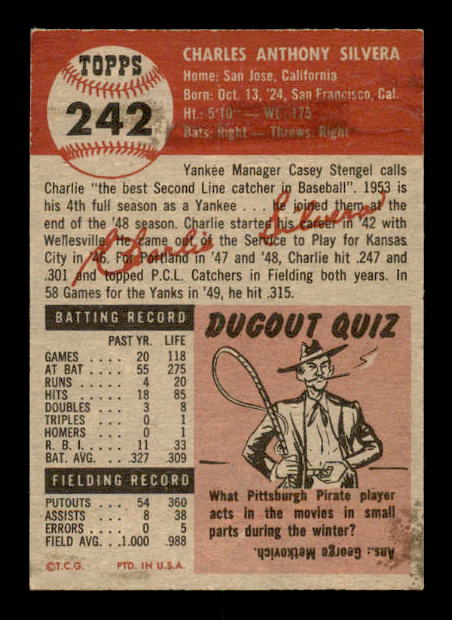 1953 Topps #242 Charlie Silvera back image