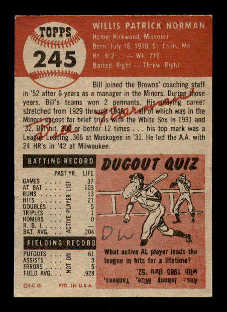 1953 Topps #245 Bill Norman CO back image