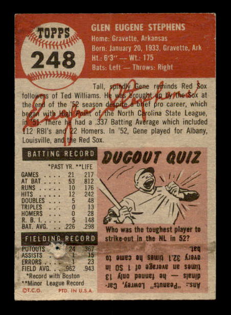 1953 Topps #248 Gene Stephens DP RC back image