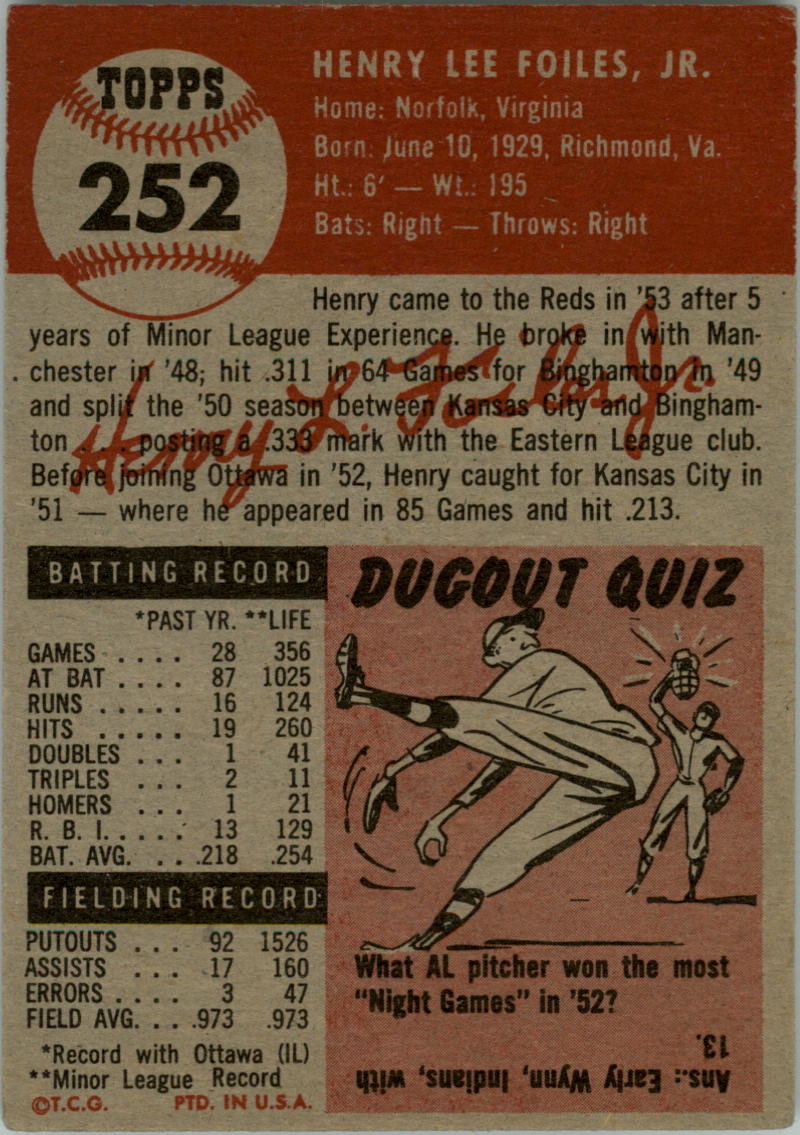 1953 Topps #252 Hank Foiles RC back image