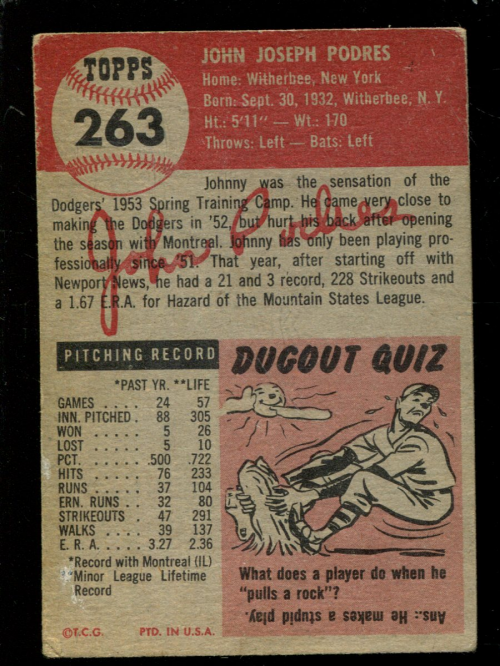 1953 Topps #263 Johnny Podres RC back image