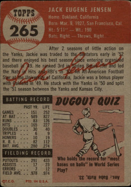 1953 Topps #265 Jackie Jensen back image