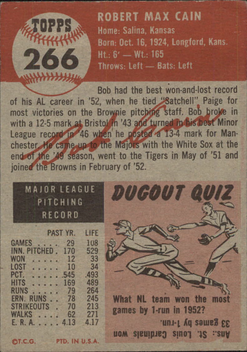 1953 Topps #266 Bob Cain back image