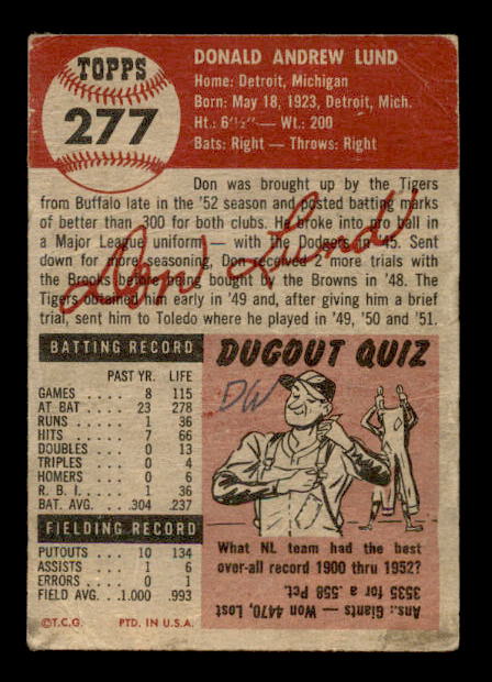 1953 Topps #277 Don Lund RC back image