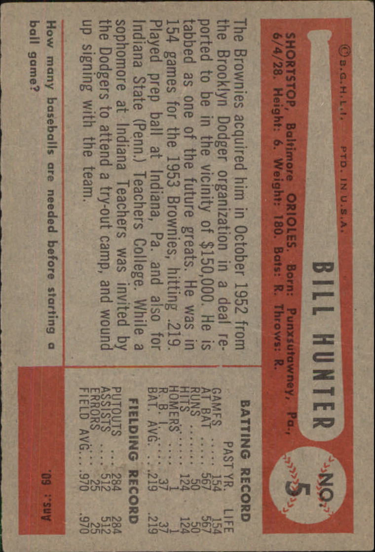 1954 Bowman #5 Billy Hunter back image