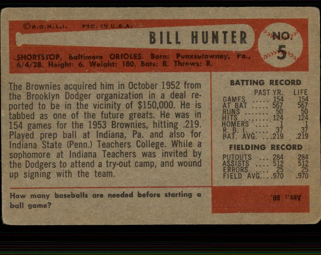 1954 Bowman #5 Billy Hunter back image