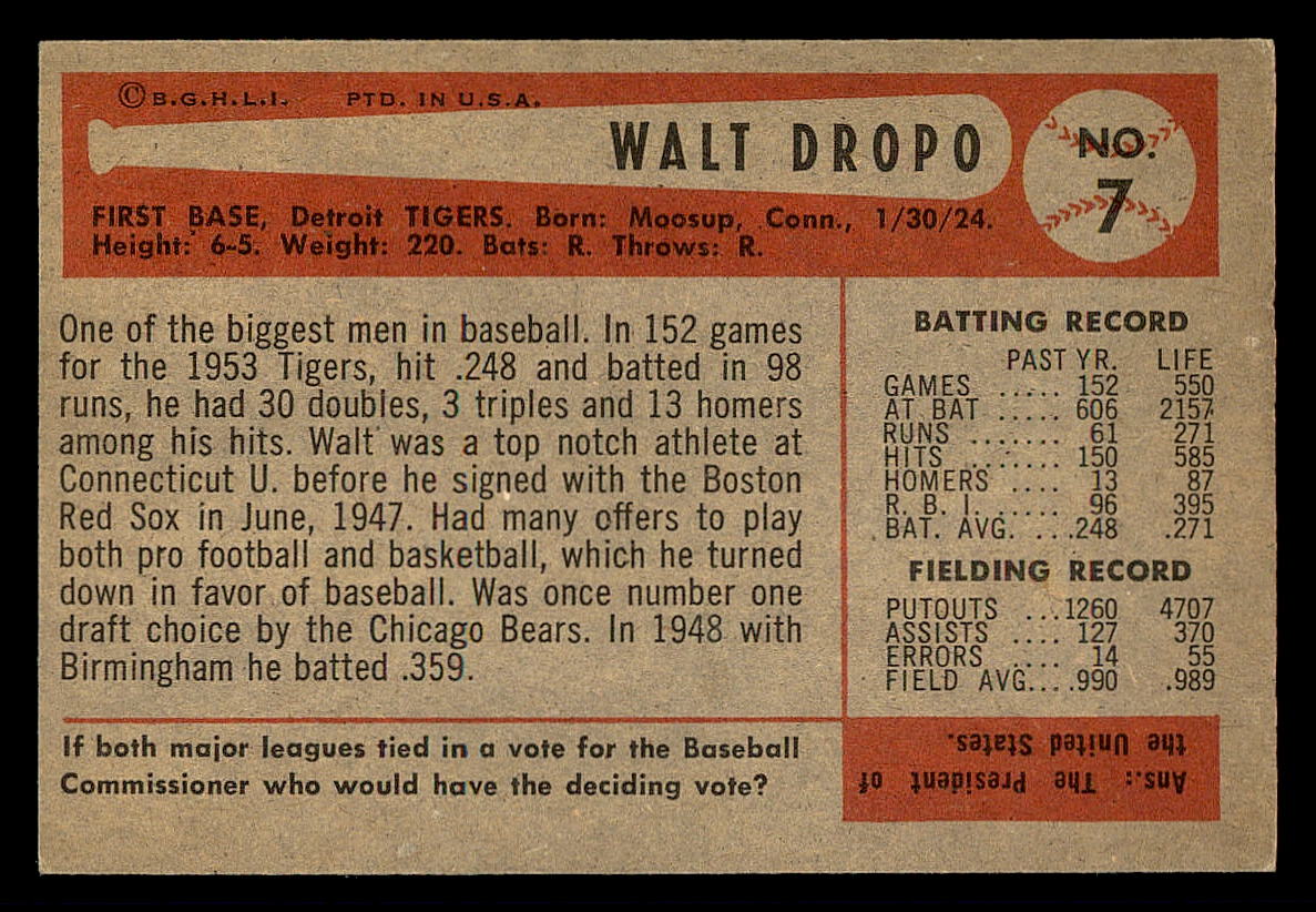 1954 Bowman #7 Walt Dropo back image