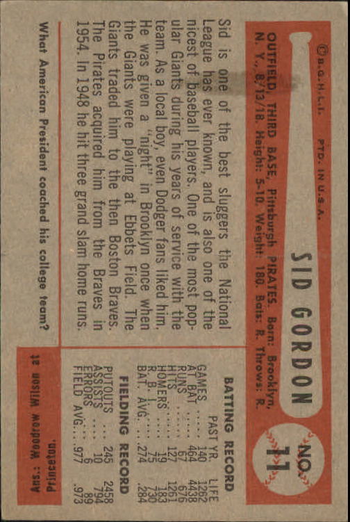 1954 Bowman #11 Sid Gordon back image