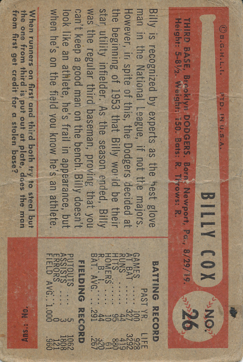 1954 Bowman #26A Billy Cox/1.000/.960 Fielding Avg. back image